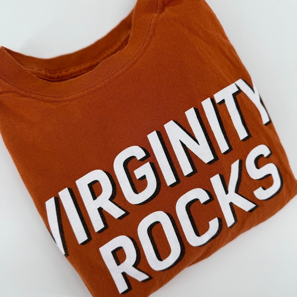 Orange Long Sleeve T-Shirt "Virginity‎ Rocks" Graphic Print Men's Small